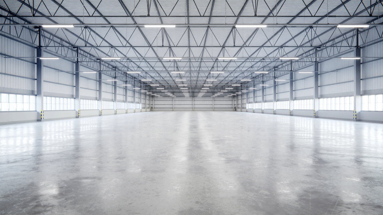 Warehouse interior with steel roof structure